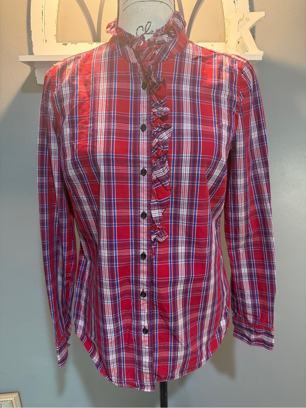 GAP RED PLAID RUFFLE FRONT BUTTON DOWN SHIRT SZ S